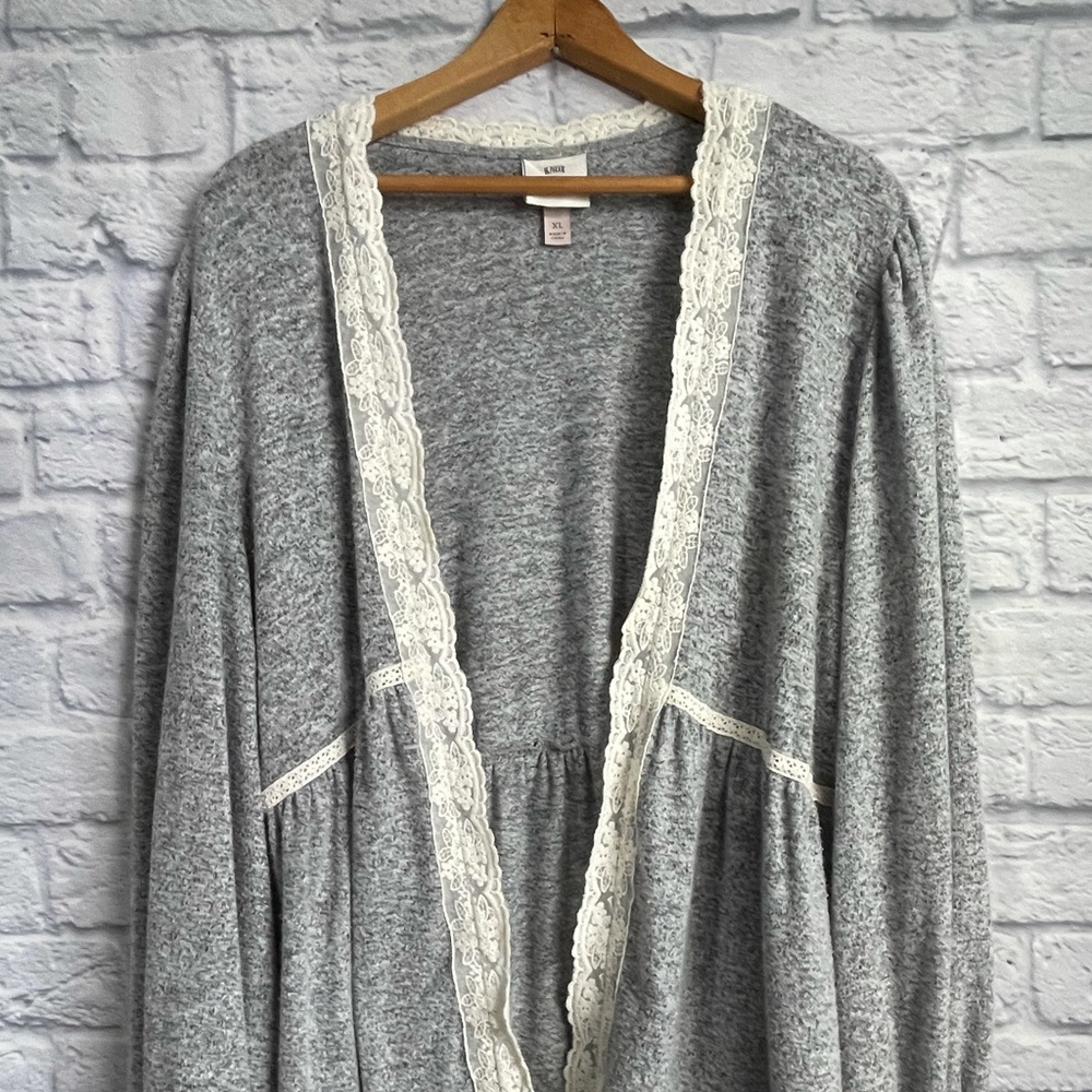Knox Rose Women’s Gray Super Soft Cardigan Cream Lace Trim Opening Size X-Large